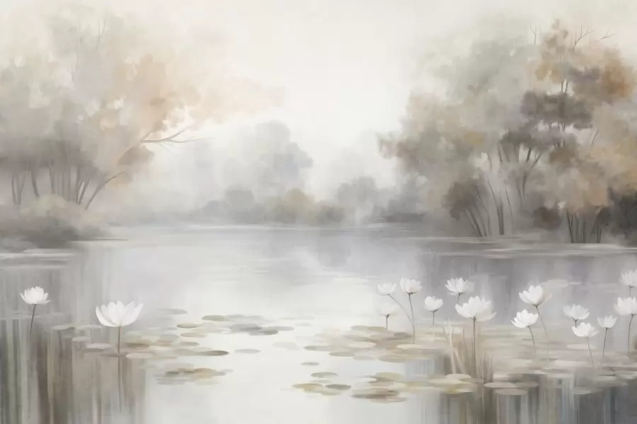 Wall Mural Photo Wallpaper Textured landscape, lake with white water lilies, surrounded by trees in muted colors w09768