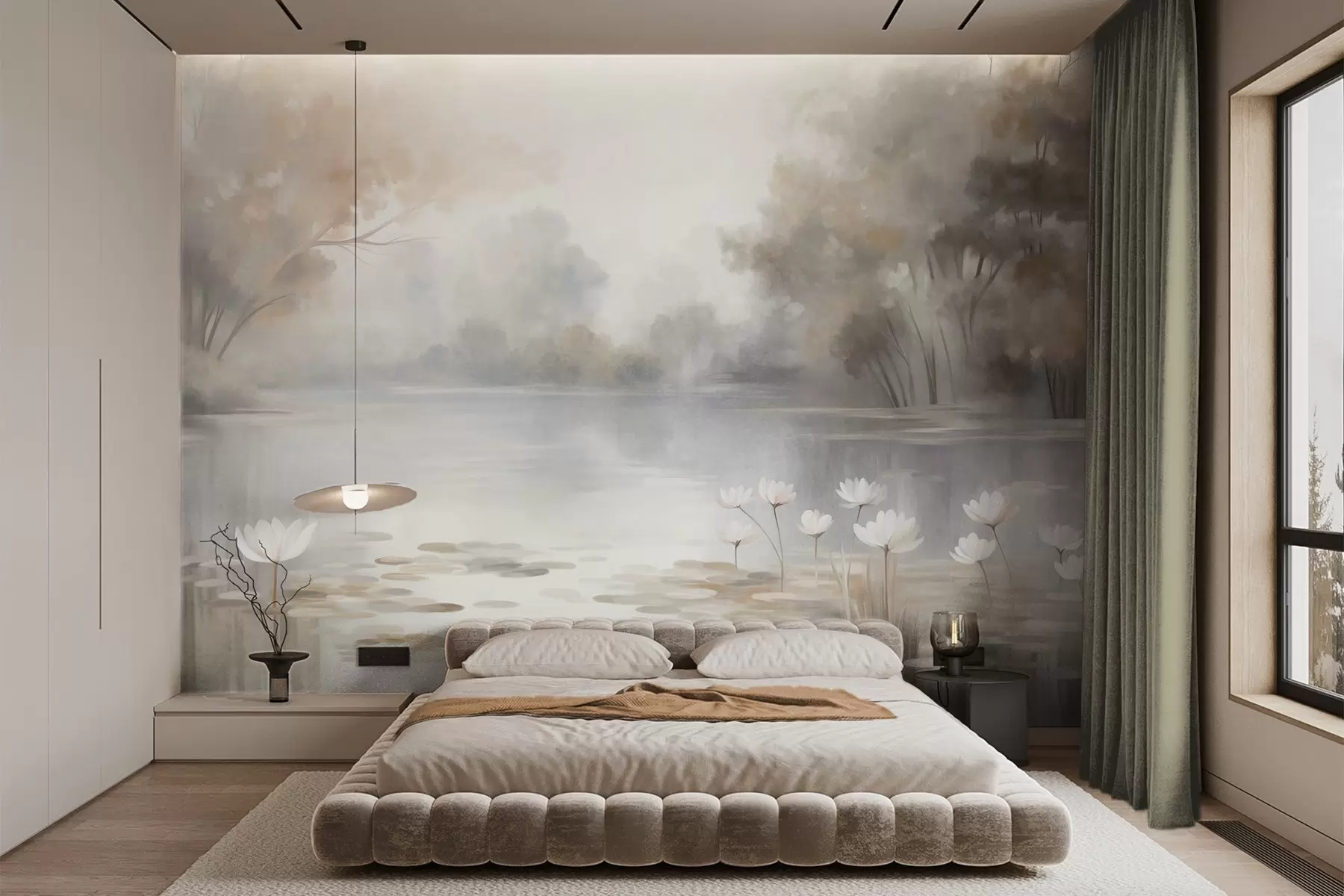 Wall Mural Photo Wallpaper Textured landscape, lake with white water lilies, surrounded by trees in muted colors w09768