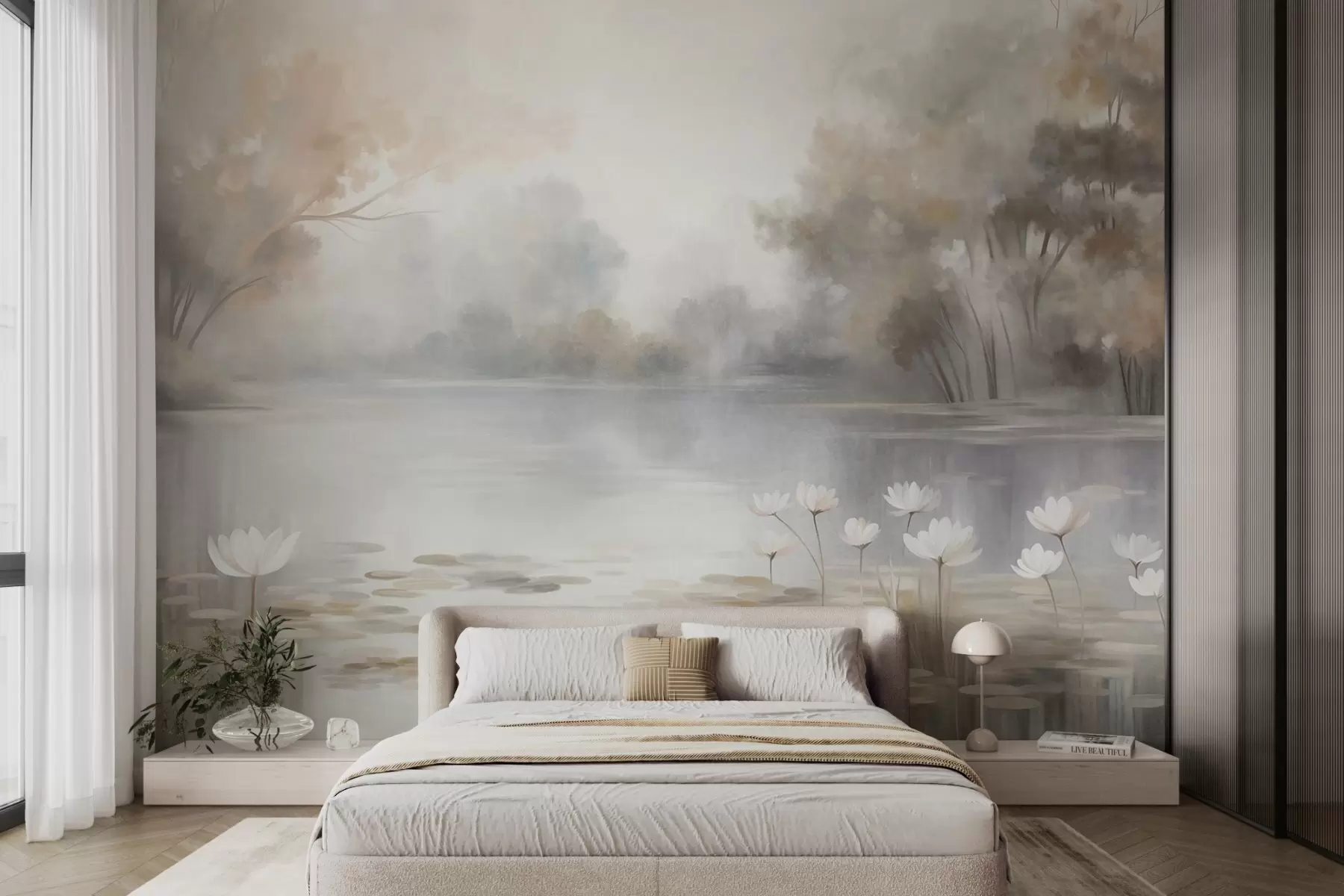 Wall Mural Photo Wallpaper Textured landscape, lake with white water lilies, surrounded by trees in muted colors w09768