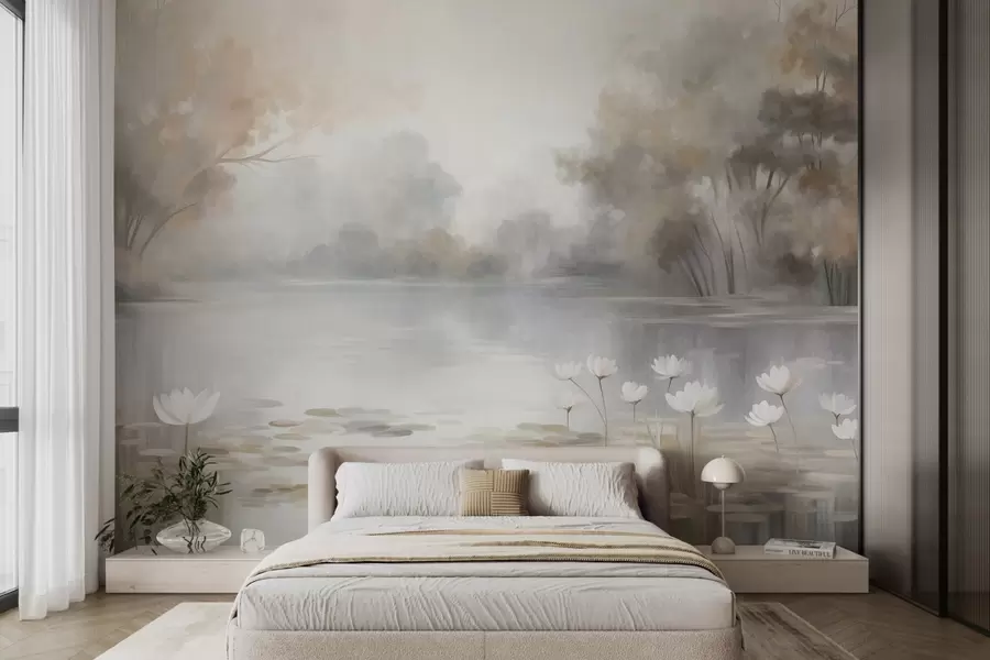 Wall Mural Photo Wallpaper Textured landscape, lake with white water lilies, surrounded by trees in muted colors w09768
