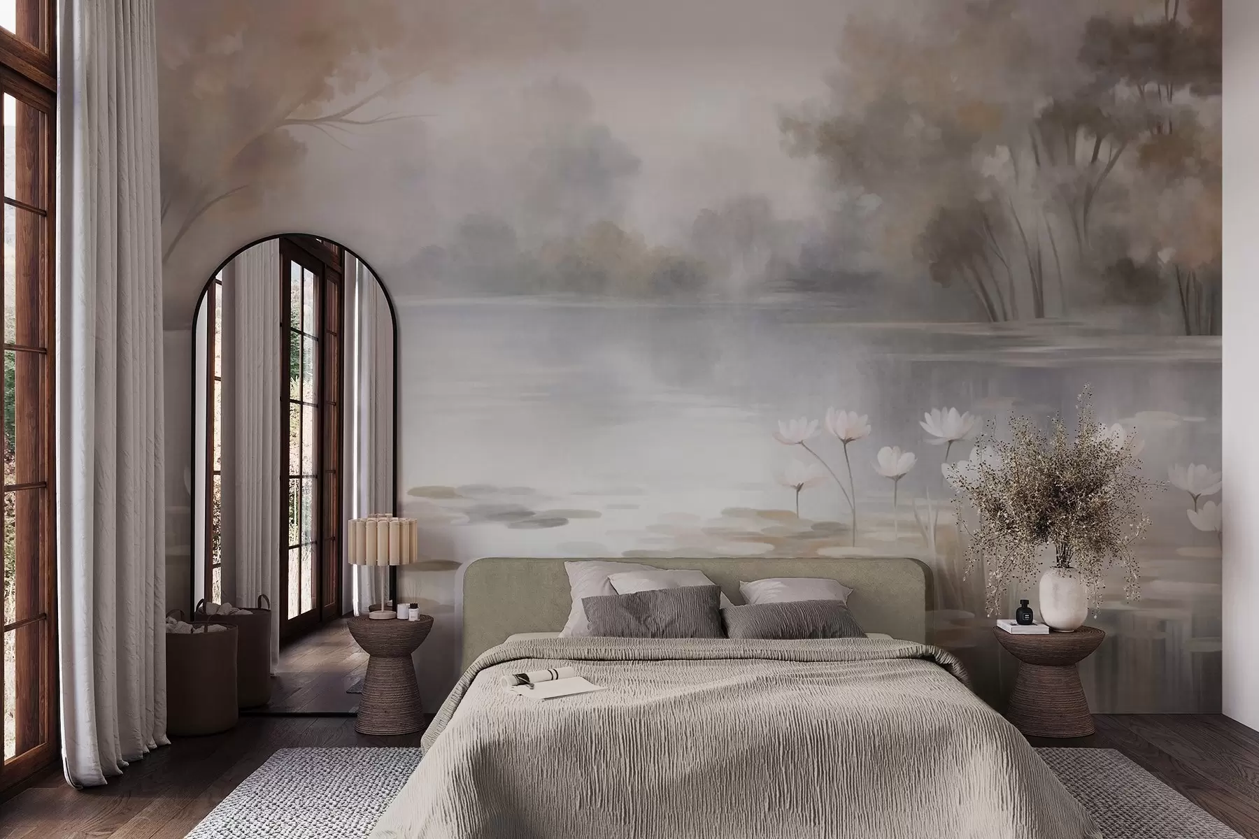 Wall Mural Photo Wallpaper Textured landscape, lake with white water lilies, surrounded by trees in muted colors w09768
