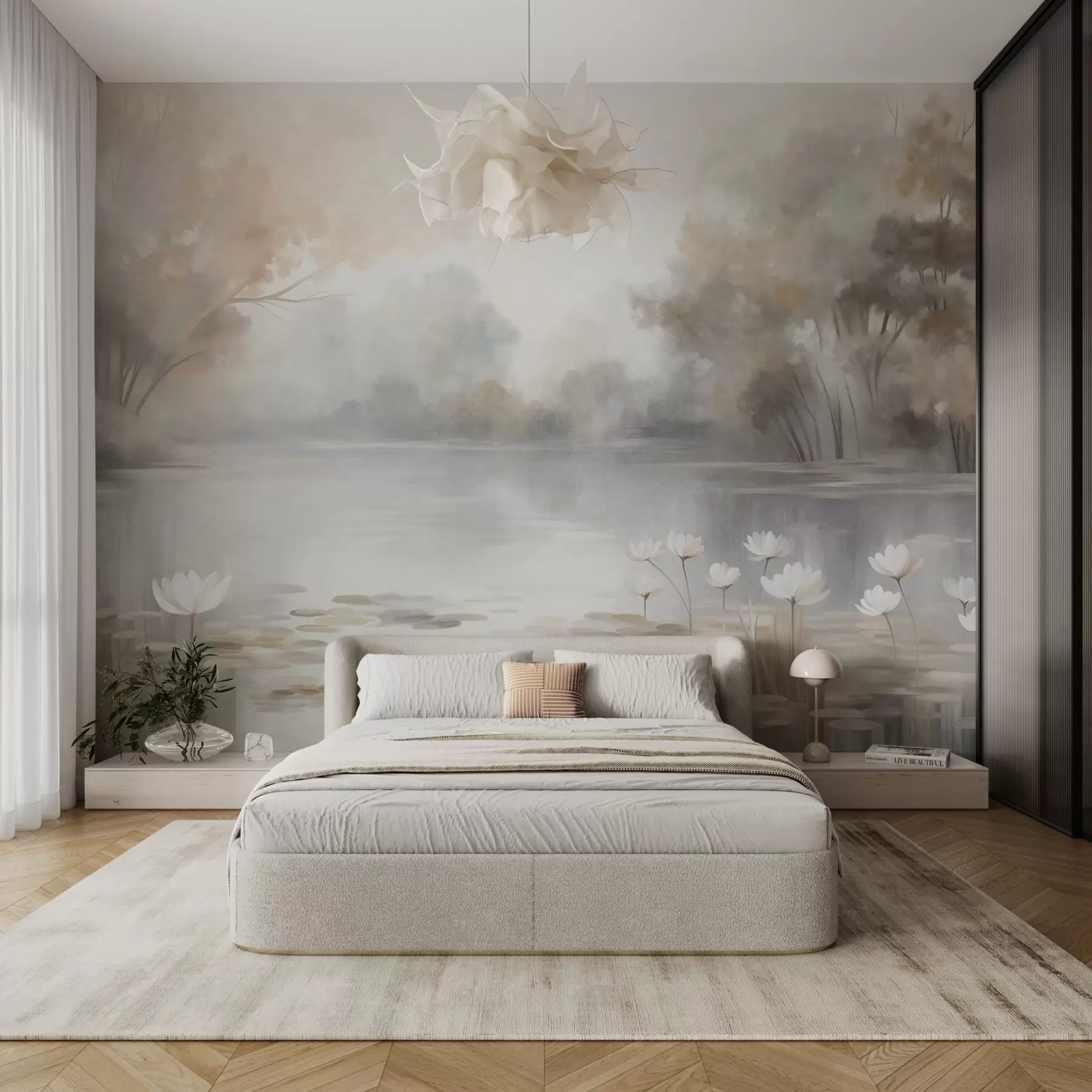 Wall Mural Photo Wallpaper Textured landscape, lake with white water lilies, surrounded by trees in muted colors w09768