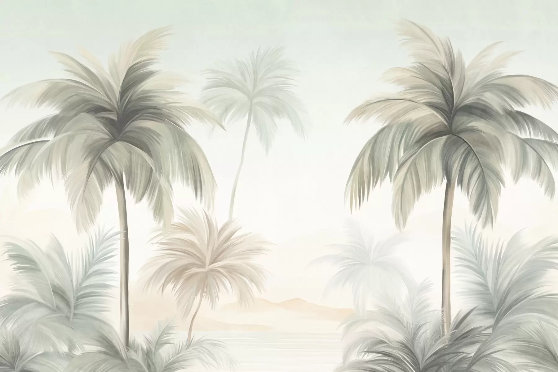 peintures murales Des palmiers aux feuilles texturées, d'un vert et d'un beige discrets, se détachant sur un ciel clair w09770