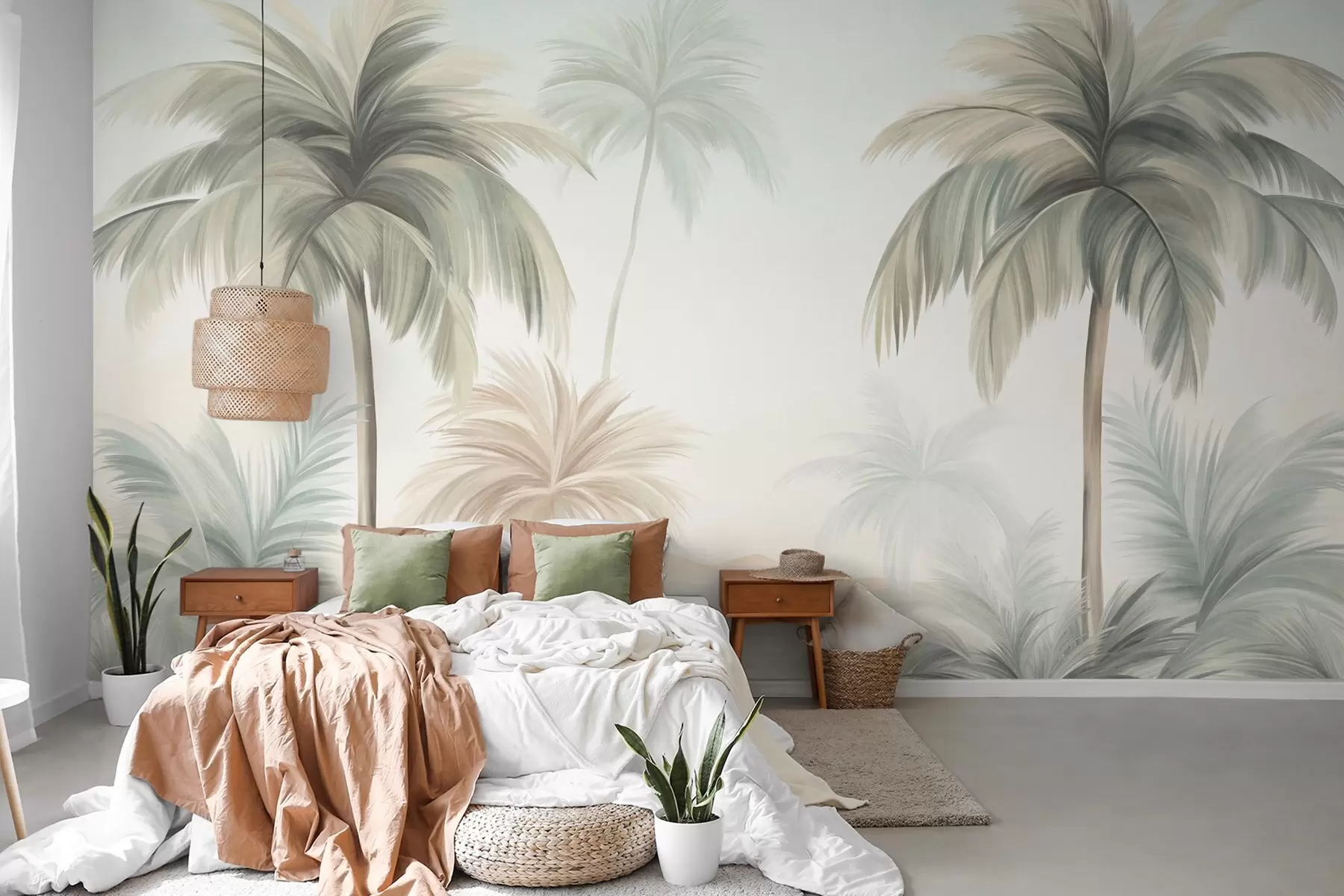 wall murals Palm textured trees with muted green and beige fronds against a soft sky w09770