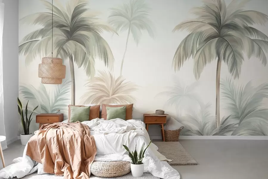 Wall Mural Photo Wallpaper Palm textured trees with muted green and beige fronds against a soft sky w09770