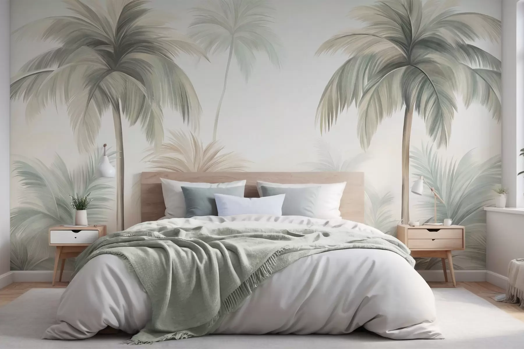 peintures murales Des palmiers aux feuilles texturées, d'un vert et d'un beige discrets, se détachant sur un ciel clair w09770