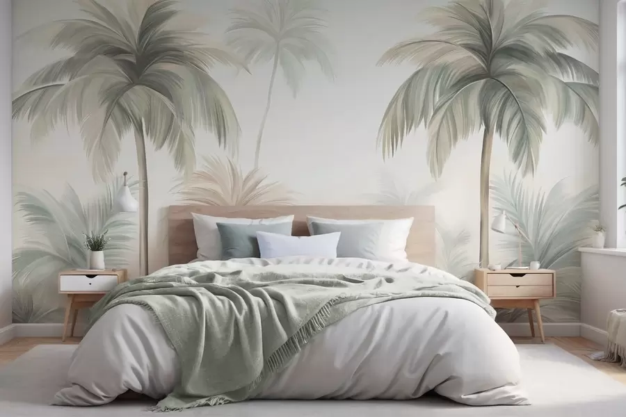 Wall Mural Photo Wallpaper Palm textured trees with muted green and beige fronds against a soft sky w09770