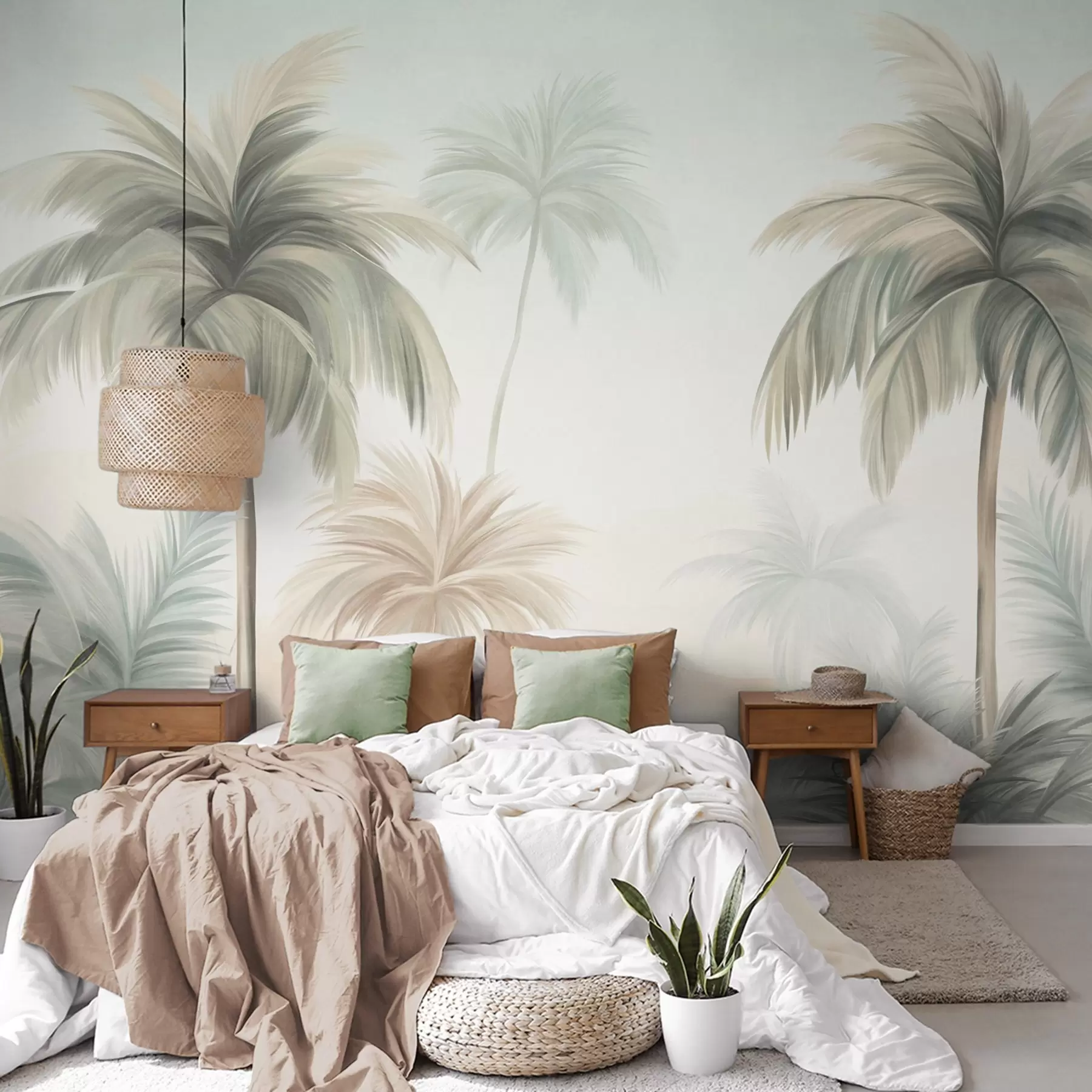 wall murals Palm textured trees with muted green and beige fronds against a soft sky w09770