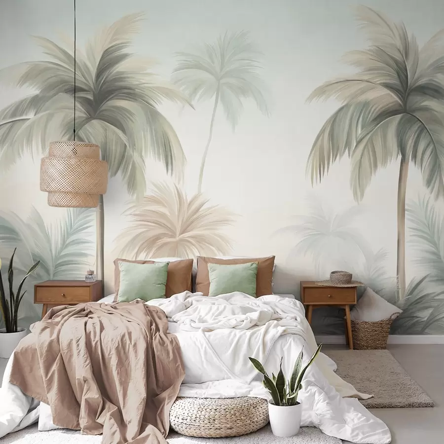 wall murals Palm textured trees with muted green and beige fronds against a soft sky w09770