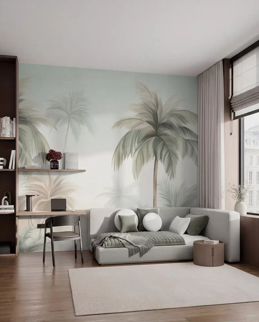 peintures murales Des palmiers aux feuilles texturées, d'un vert et d'un beige discrets, se détachant sur un ciel clair w09770