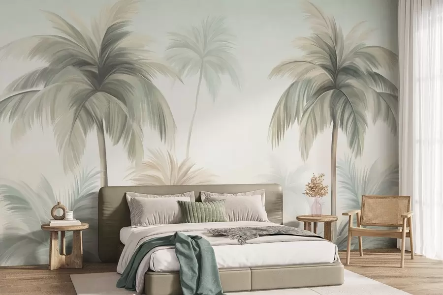 Wall Mural Photo Wallpaper Palm textured trees with muted green and beige fronds against a soft sky w09770