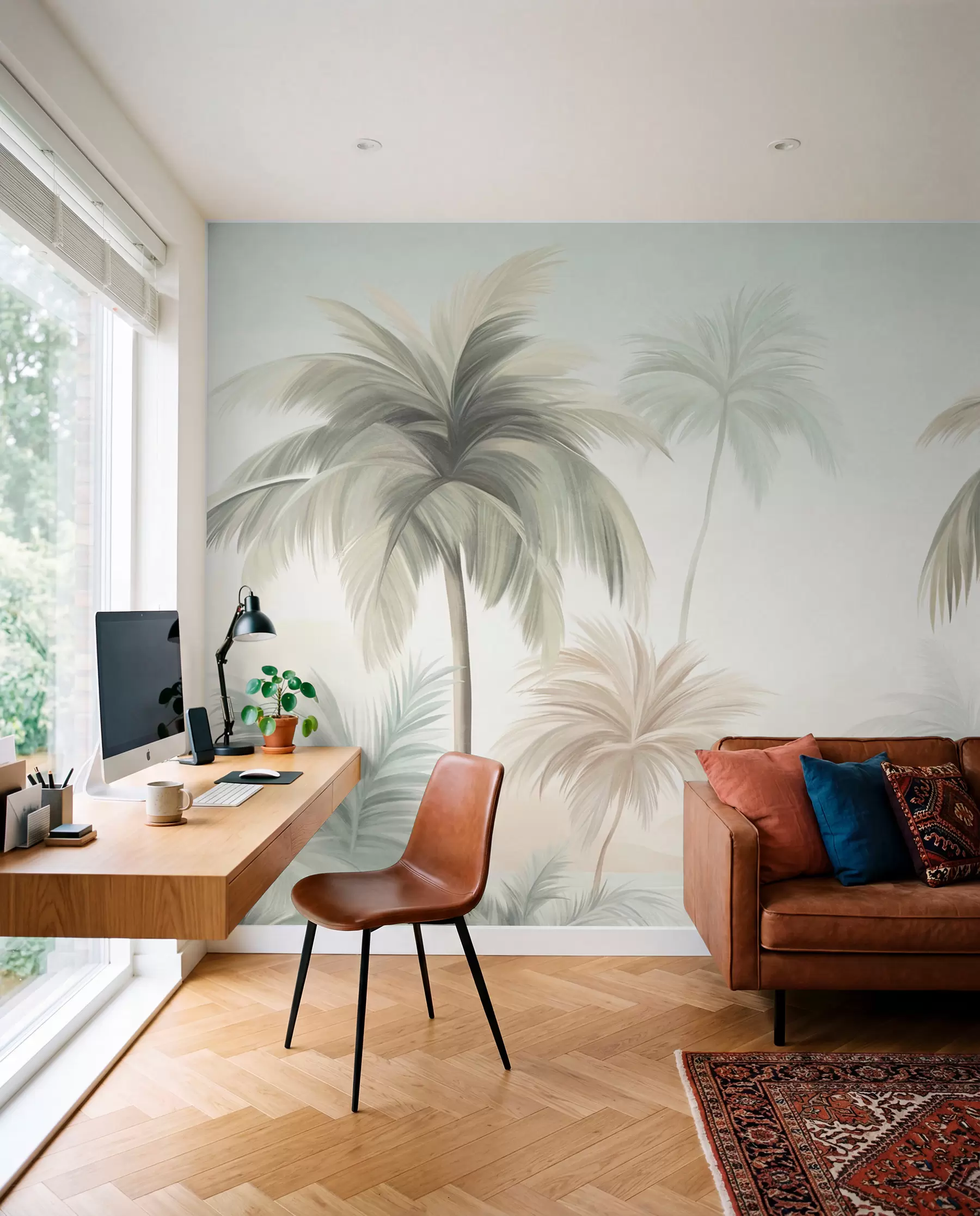 wall murals Palm textured trees with muted green and beige fronds against a soft sky w09770