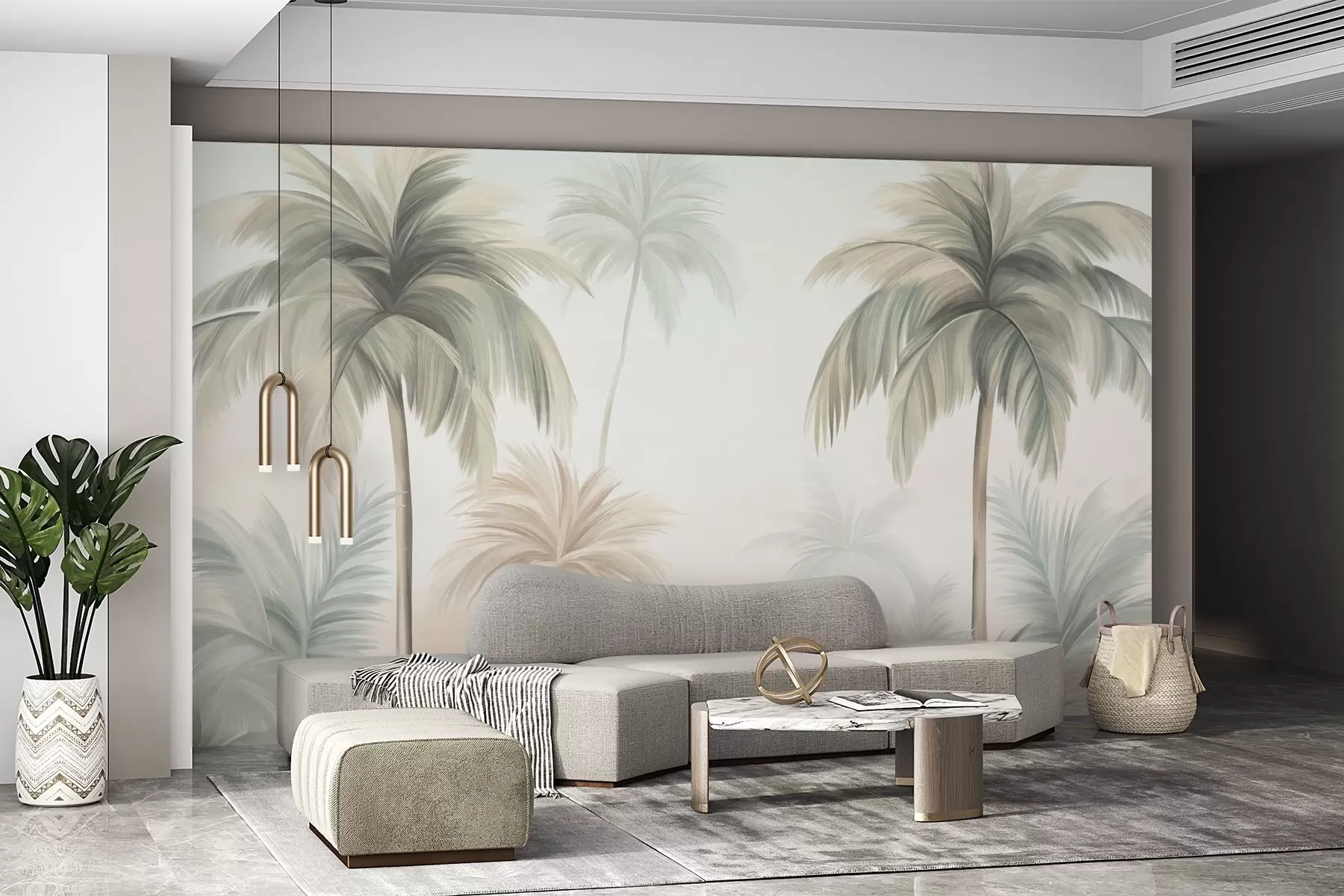 wall murals Palm textured trees with muted green and beige fronds against a soft sky w09770