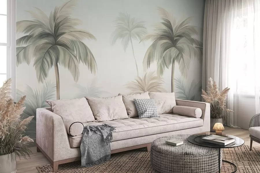 Wall Mural Photo Wallpaper Palm textured trees with muted green and beige fronds against a soft sky w09770