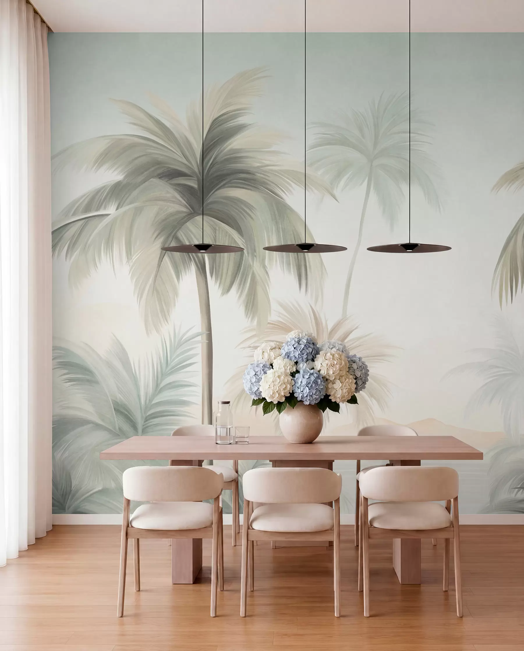 peintures murales Des palmiers aux feuilles texturées, d'un vert et d'un beige discrets, se détachant sur un ciel clair w09770