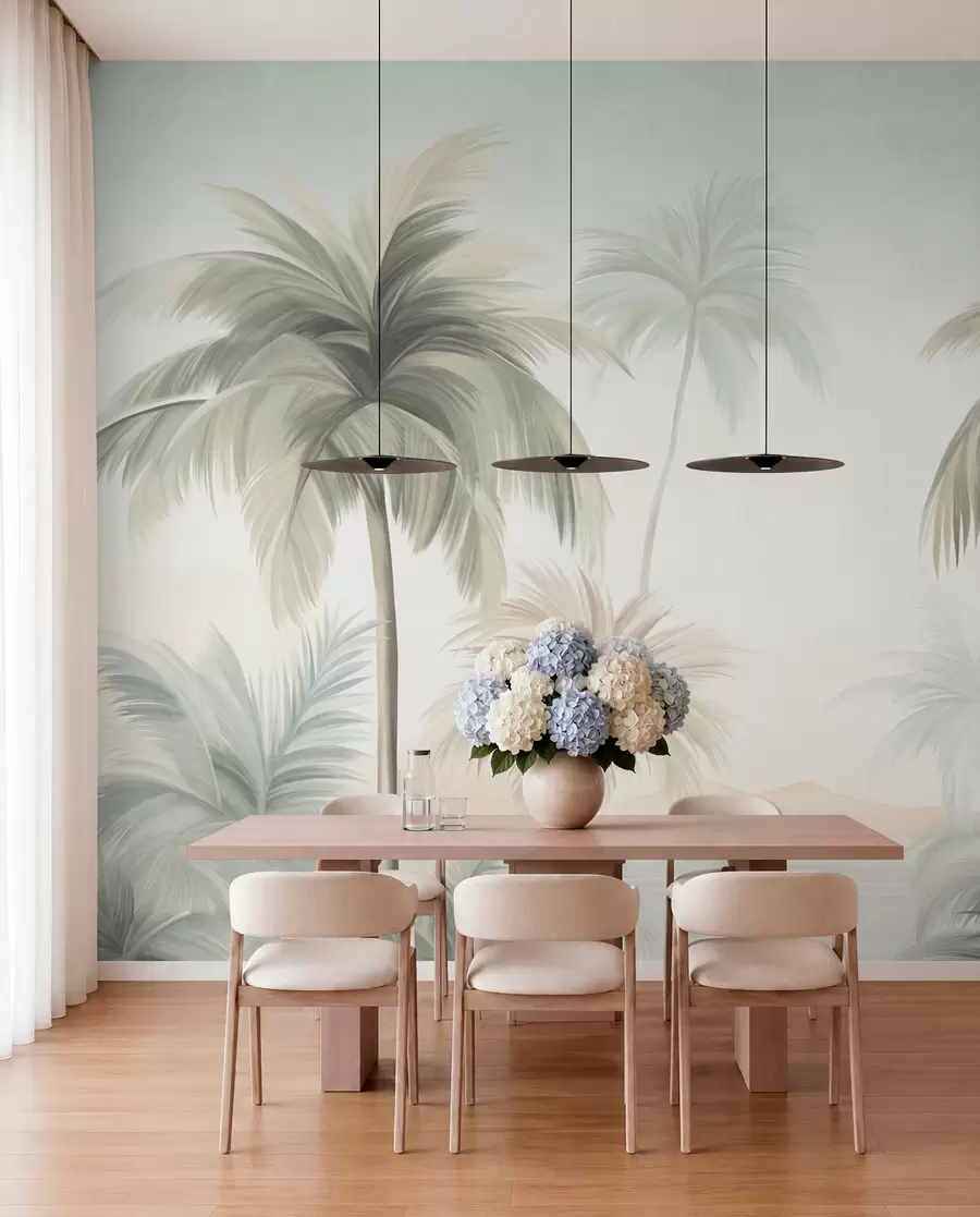 Wall Mural Photo Wallpaper Palm textured trees with muted green and beige fronds against a soft sky w09770