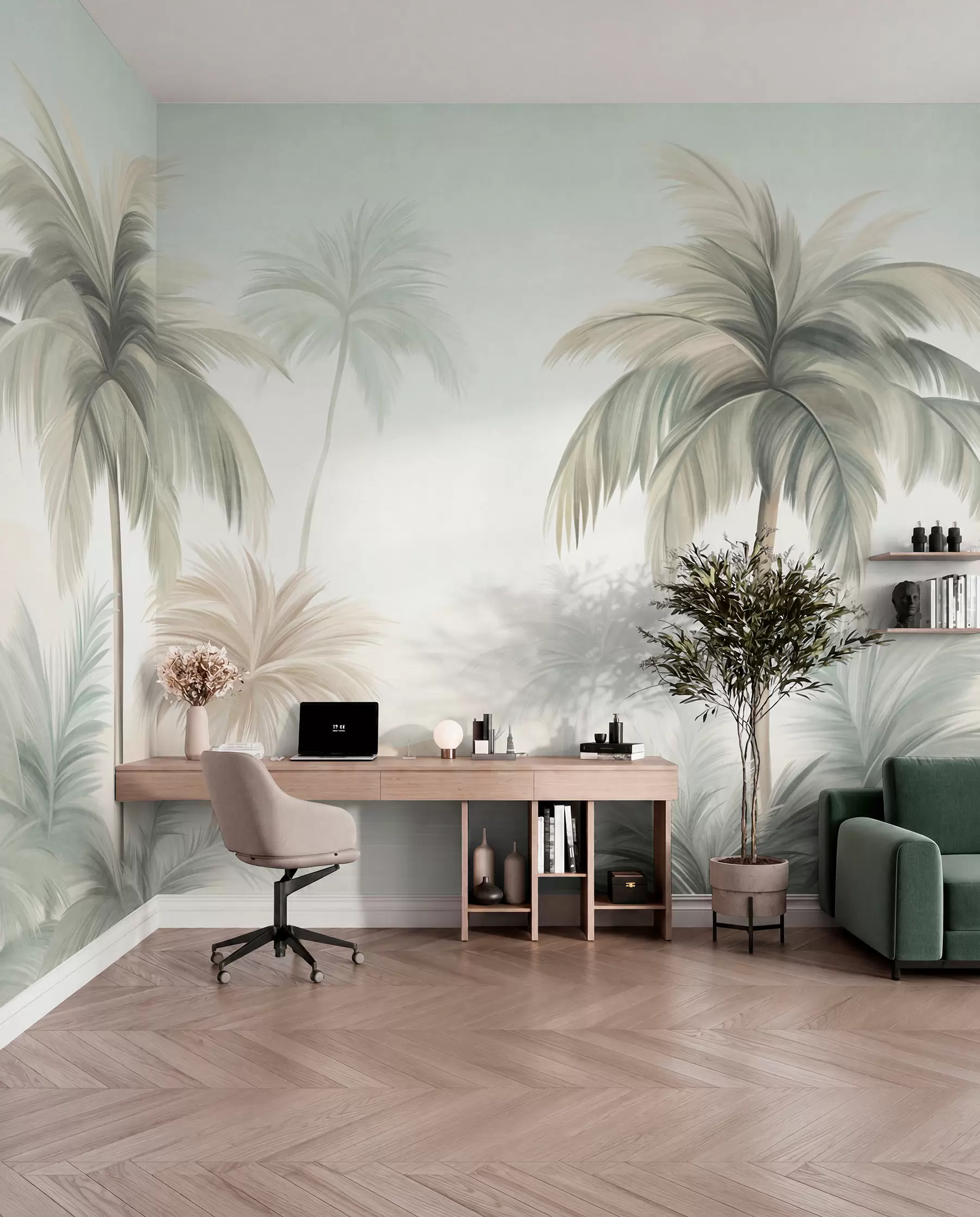 Wall Mural Photo Wallpaper Palm textured trees with muted green and beige fronds against a soft sky w09770