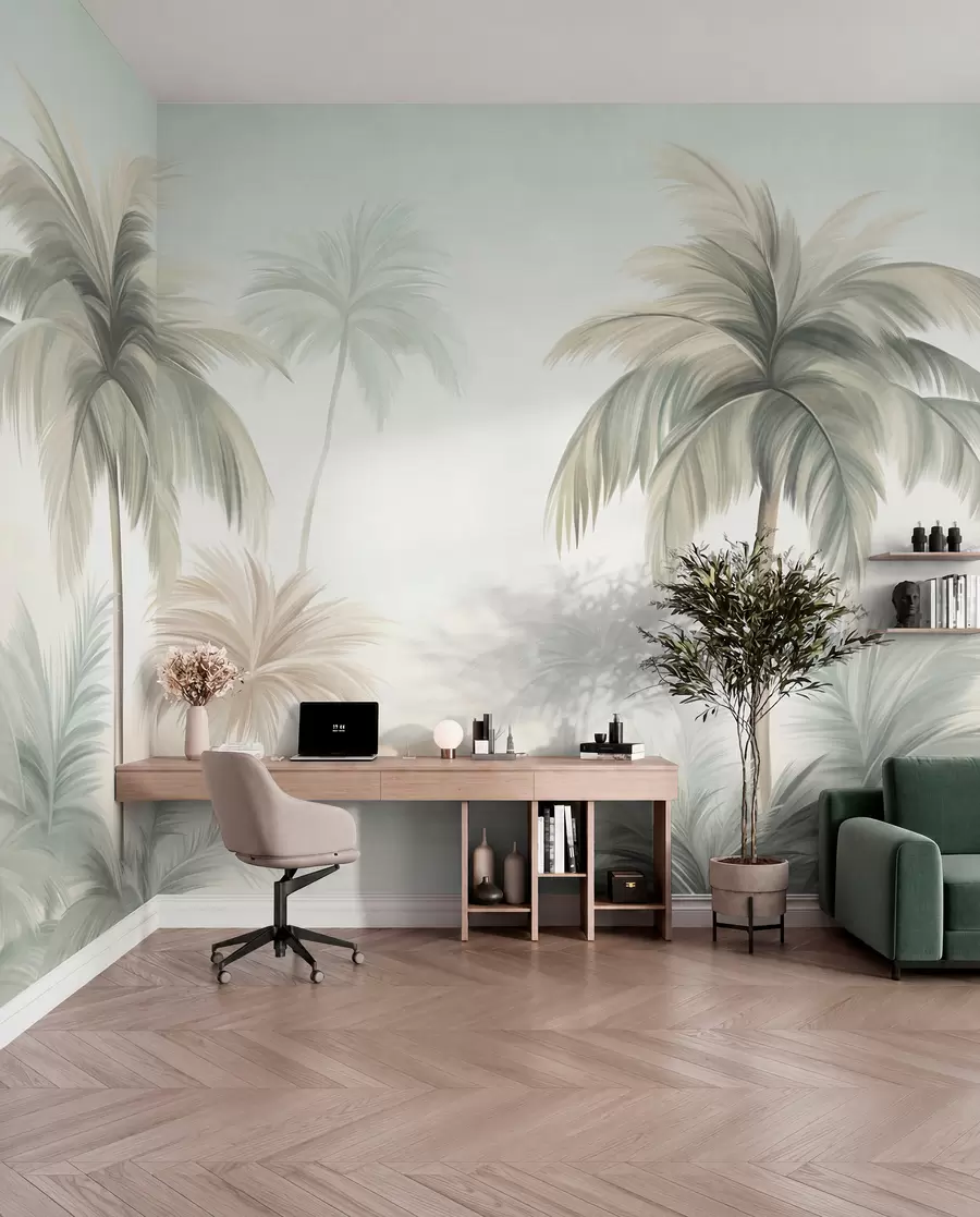 Wall Mural Photo Wallpaper Palm textured trees with muted green and beige fronds against a soft sky w09770