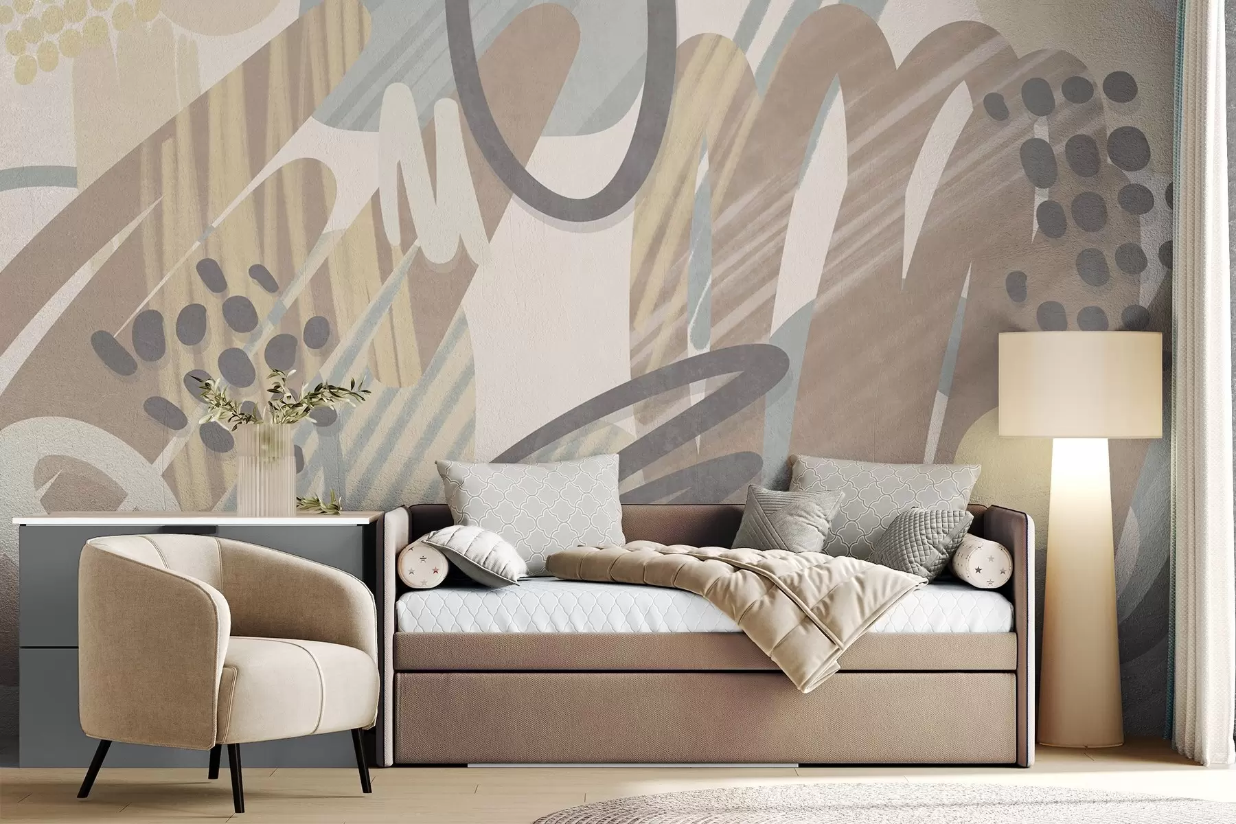 Wall Mural Photo Wallpaper Abstract textured print with organic shapes, scribbles and dots in muted pastel colors w09774