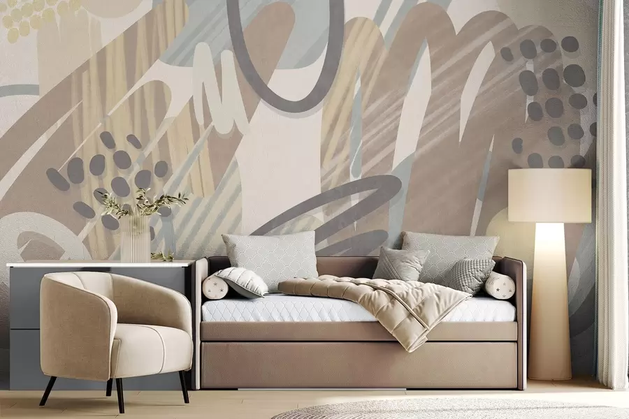 Wall Mural Photo Wallpaper Abstract textured print with organic shapes, scribbles and dots in muted pastel colors w09774