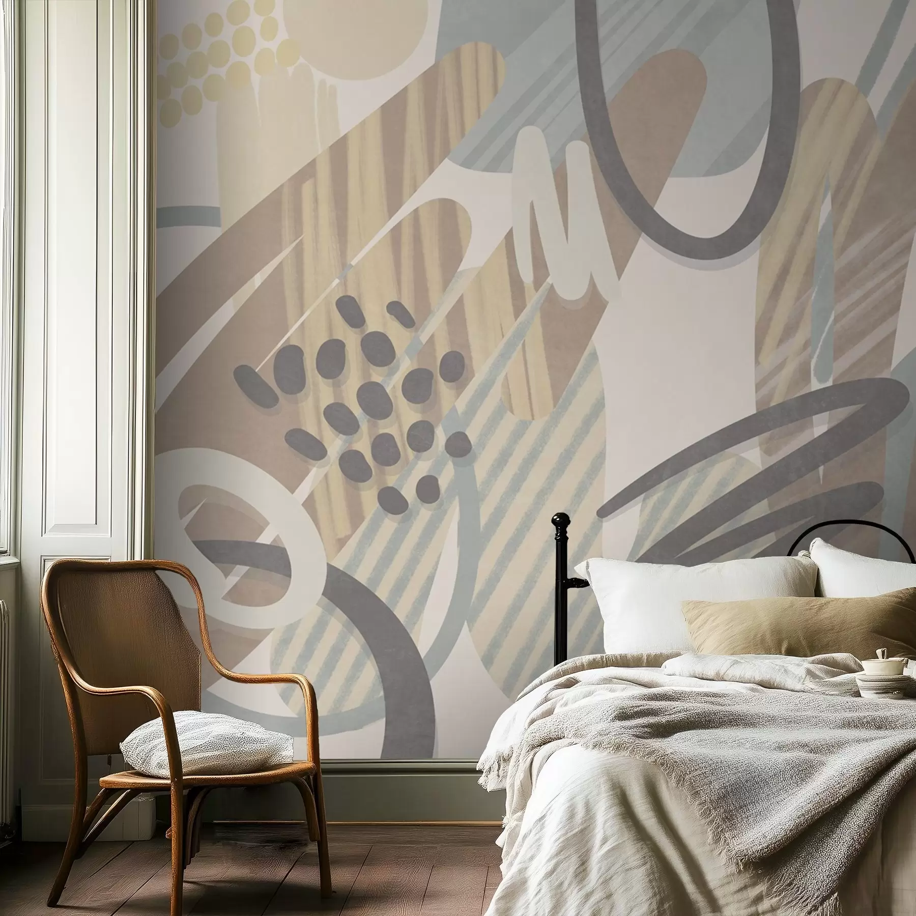 Wall Mural Photo Wallpaper Abstract textured print with organic shapes, scribbles and dots in muted pastel colors w09774