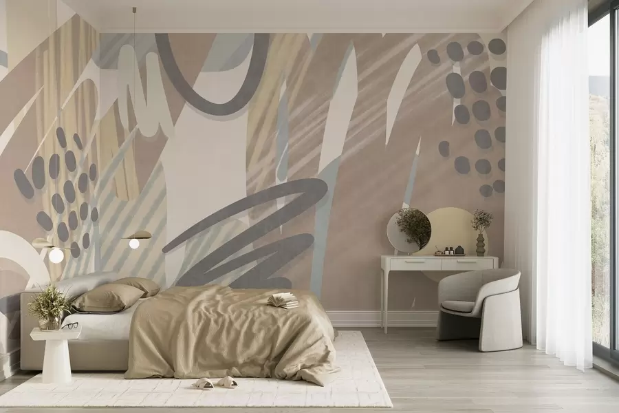 Wall Mural Photo Wallpaper Abstract textured print with organic shapes, scribbles and dots in muted pastel colors w09774
