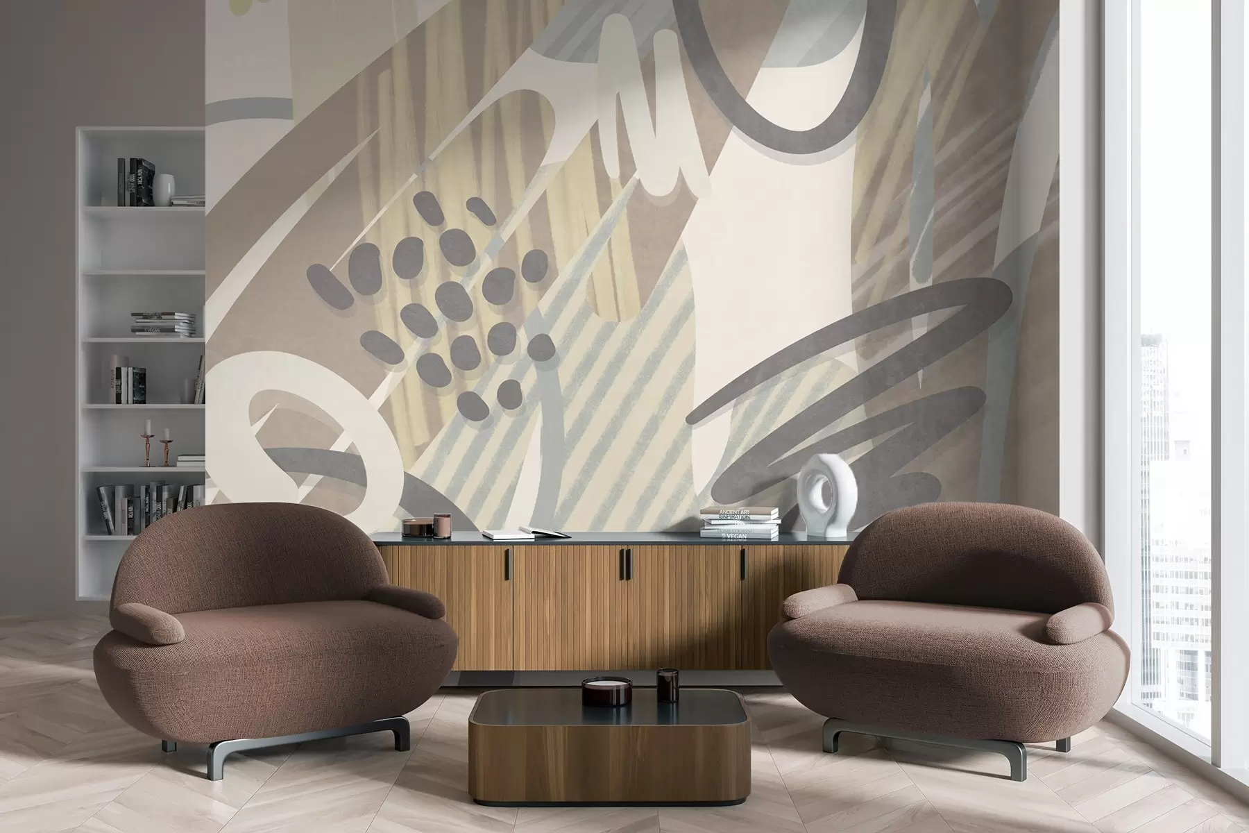 wall murals Abstract textured print with organic shapes, scribbles and dots in muted pastel colors w09774