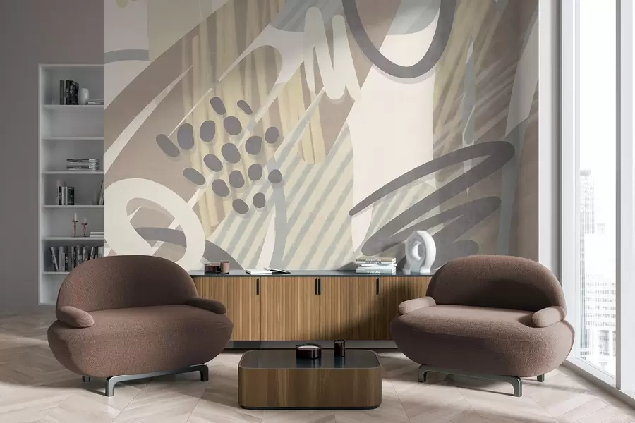 Wall Mural Photo Wallpaper Abstract textured print with organic shapes, scribbles and dots in muted pastel colors w09774