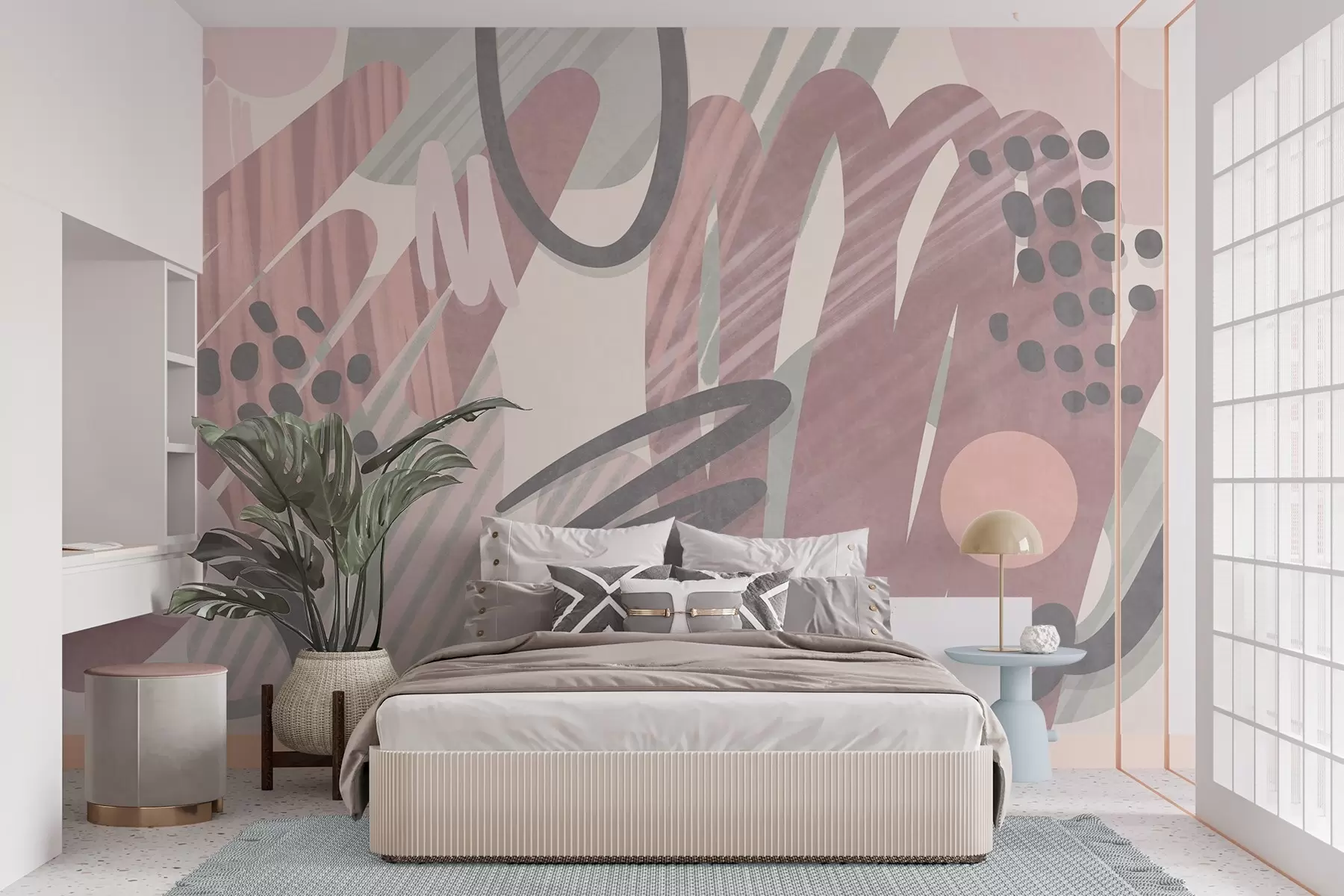 Wall Mural Photo Wallpaper Abstract textured print with organic shapes, scribbles and dots in muted pastel colors w09774v1