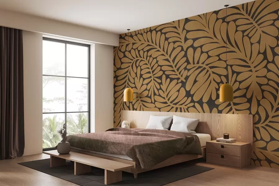 Wall Mural Photo Wallpaper Stylized mustard yellow leaves against a dark gray background, textured art w09775