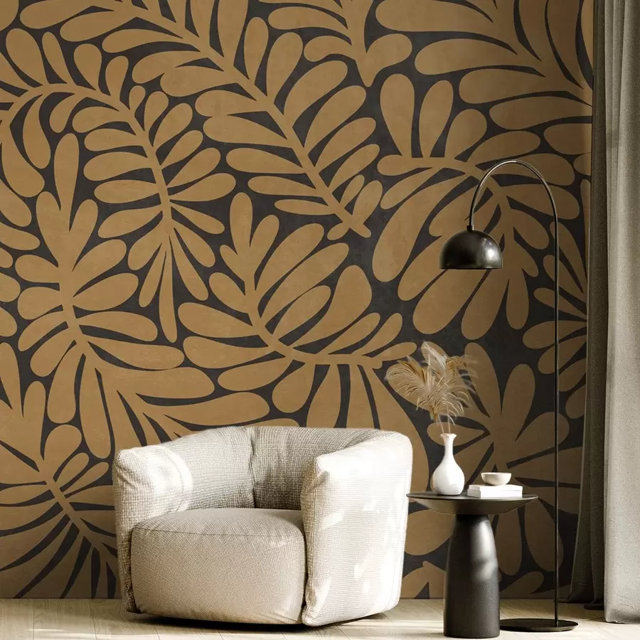 Wall Mural Photo Wallpaper Stylized mustard yellow leaves against a dark gray background, textured art w09775