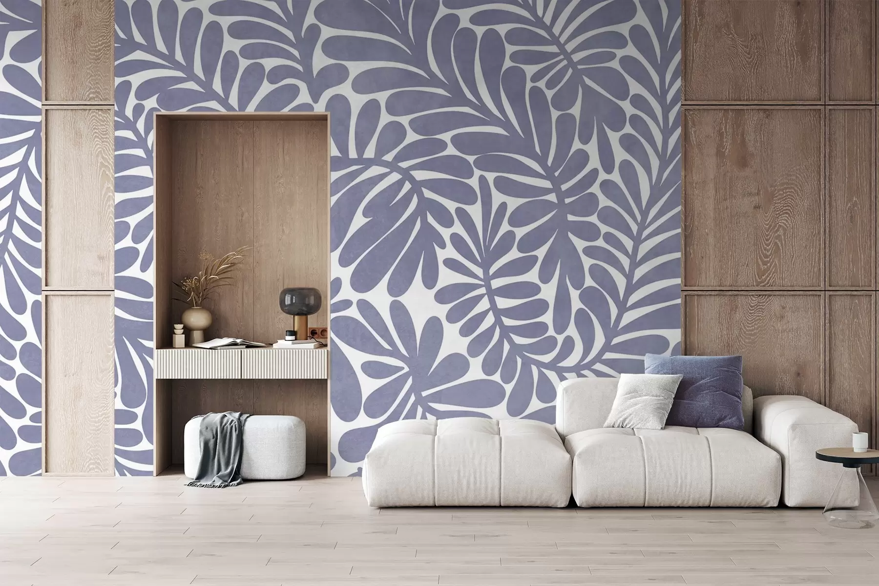 peintures murales Feuilles bleu clair stylisées sur un fond clair, illustration texturée w09775v1