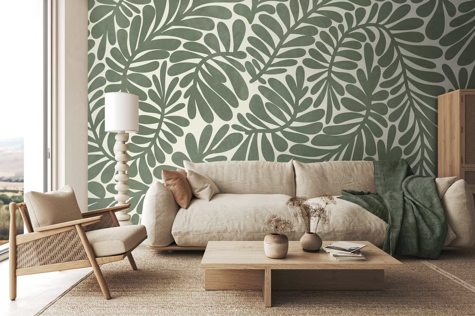 Wall Mural Photo Wallpaper Stylized green leaves against a light background, textured art w09775v2