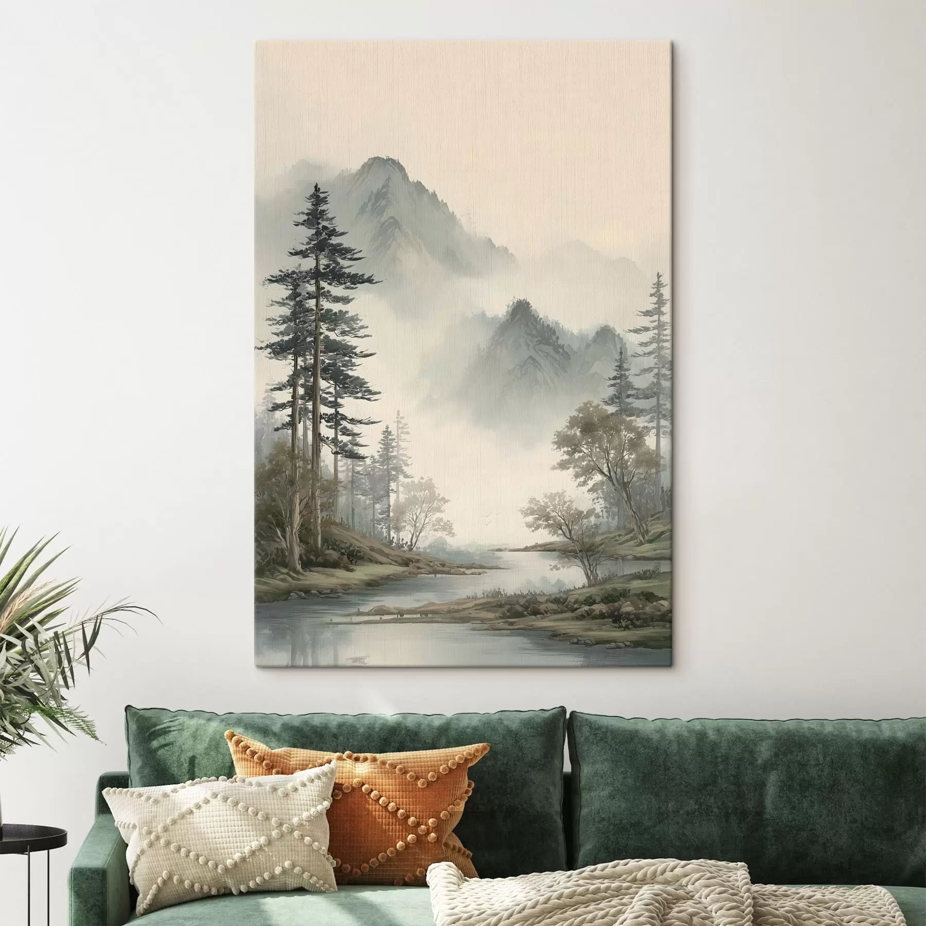 wall murals a mountain landscape with pine trees and a river s48531