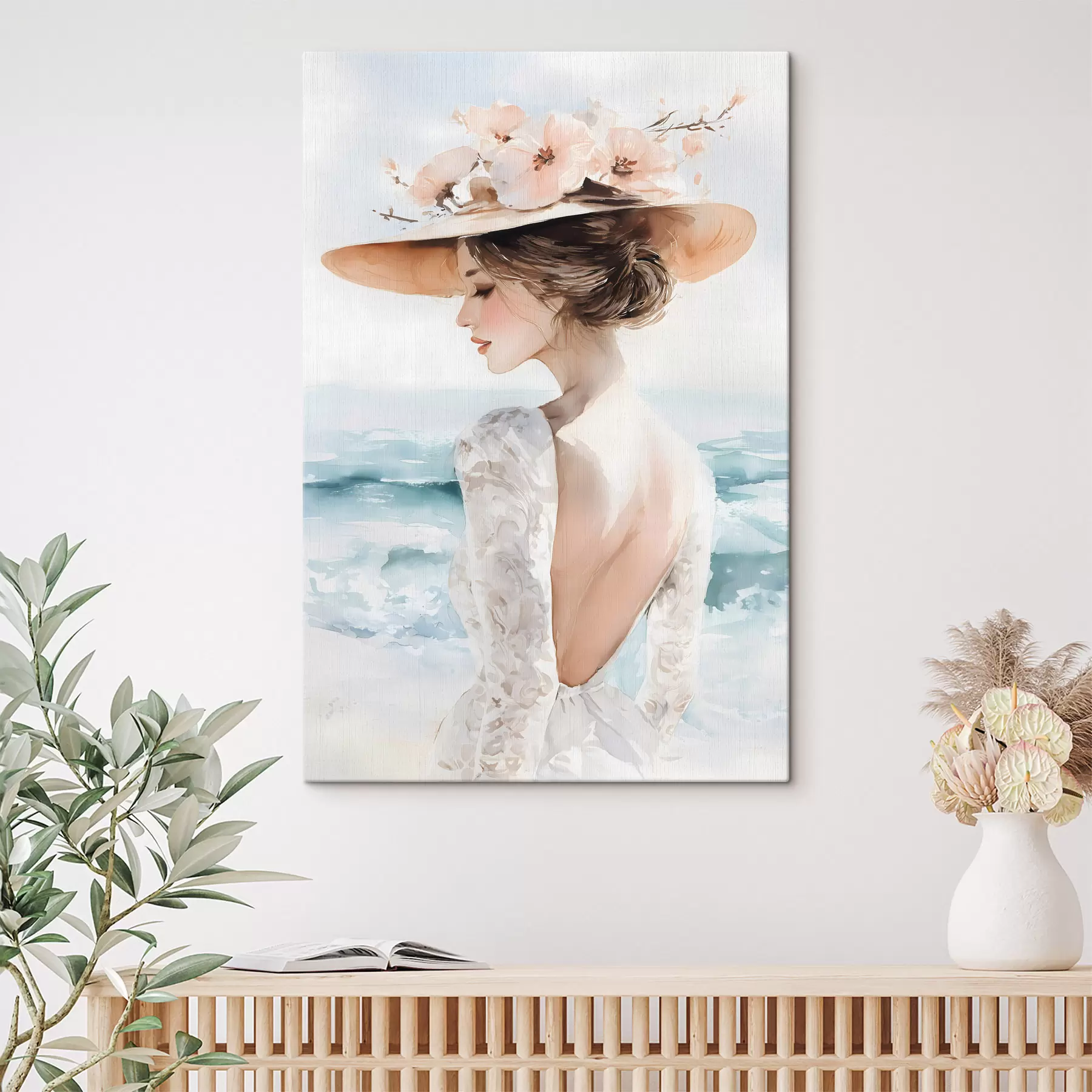 murales una chica romántica junto al mar con un sombrero s48547