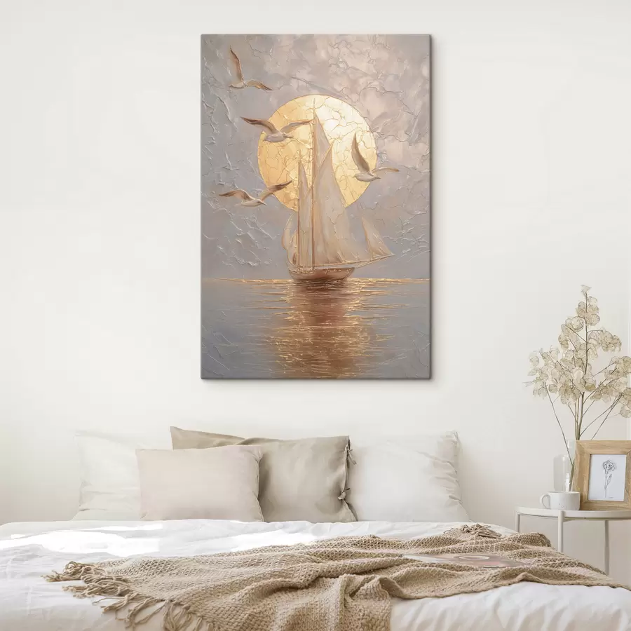 murales un barco al atardecer, pintado con la técnica del impasto s48556