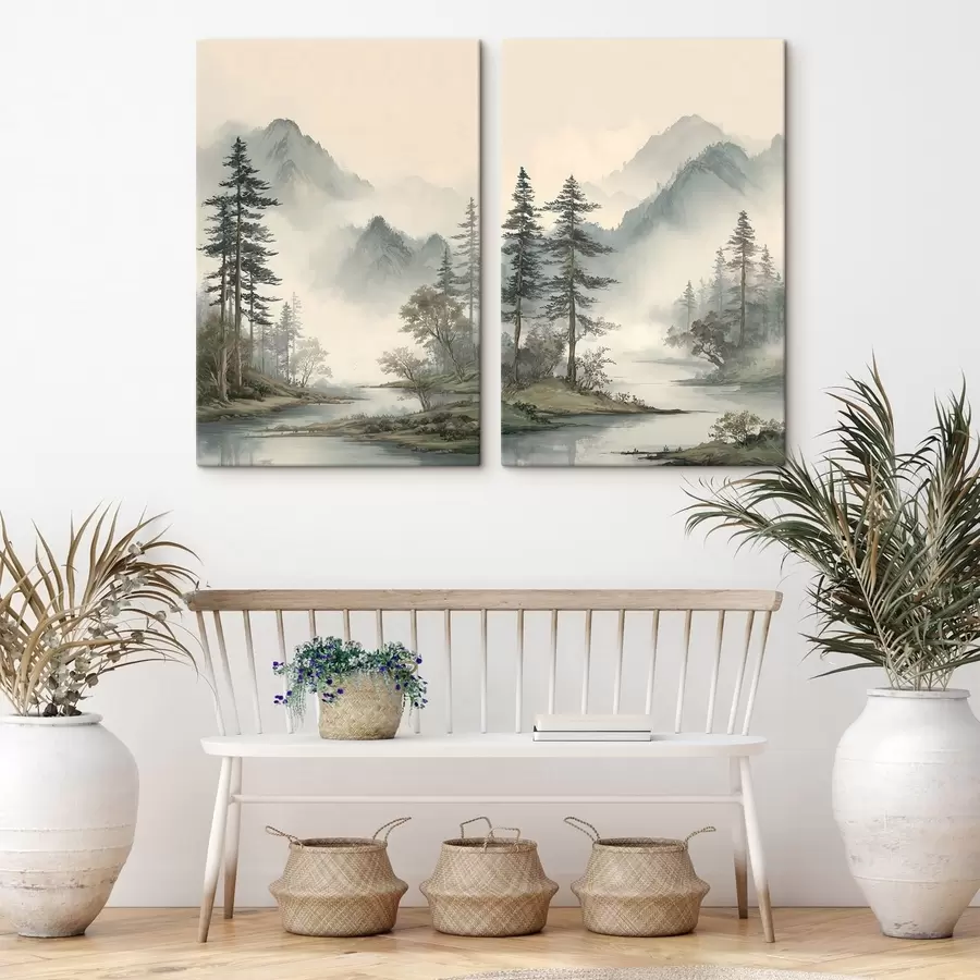 wall murals a mountain landscape with pine trees and a river m30262
