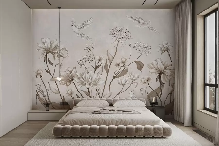 Wall Mural Photo Wallpaper Light flowers and birds on soft background w05118