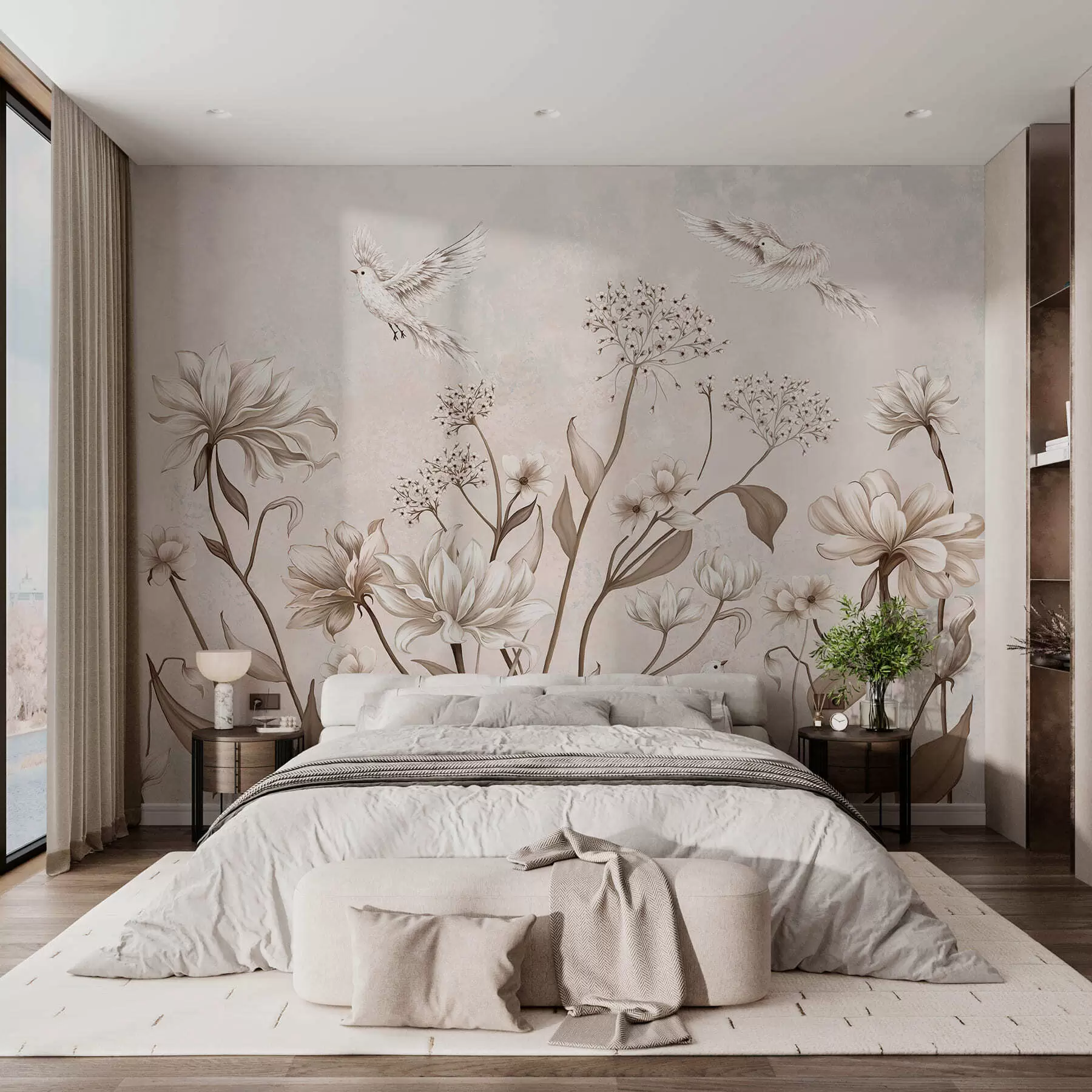 Wall Mural Photo Wallpaper Light flowers and birds on soft background w05118