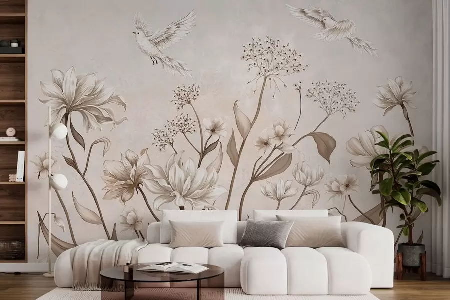 Wall Mural Photo Wallpaper Light flowers and birds on soft background w05118