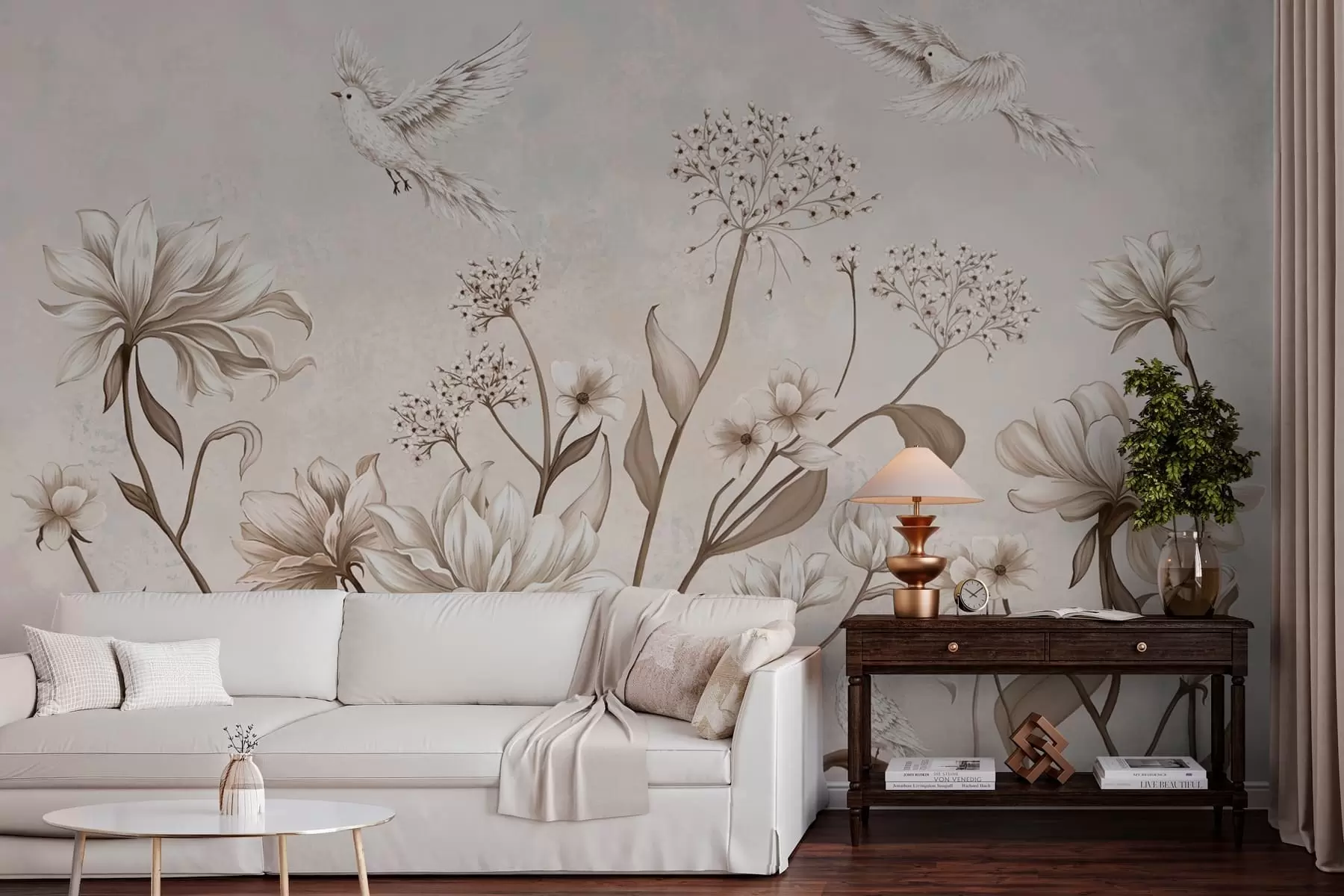 wall murals Light flowers and birds on soft background w05118