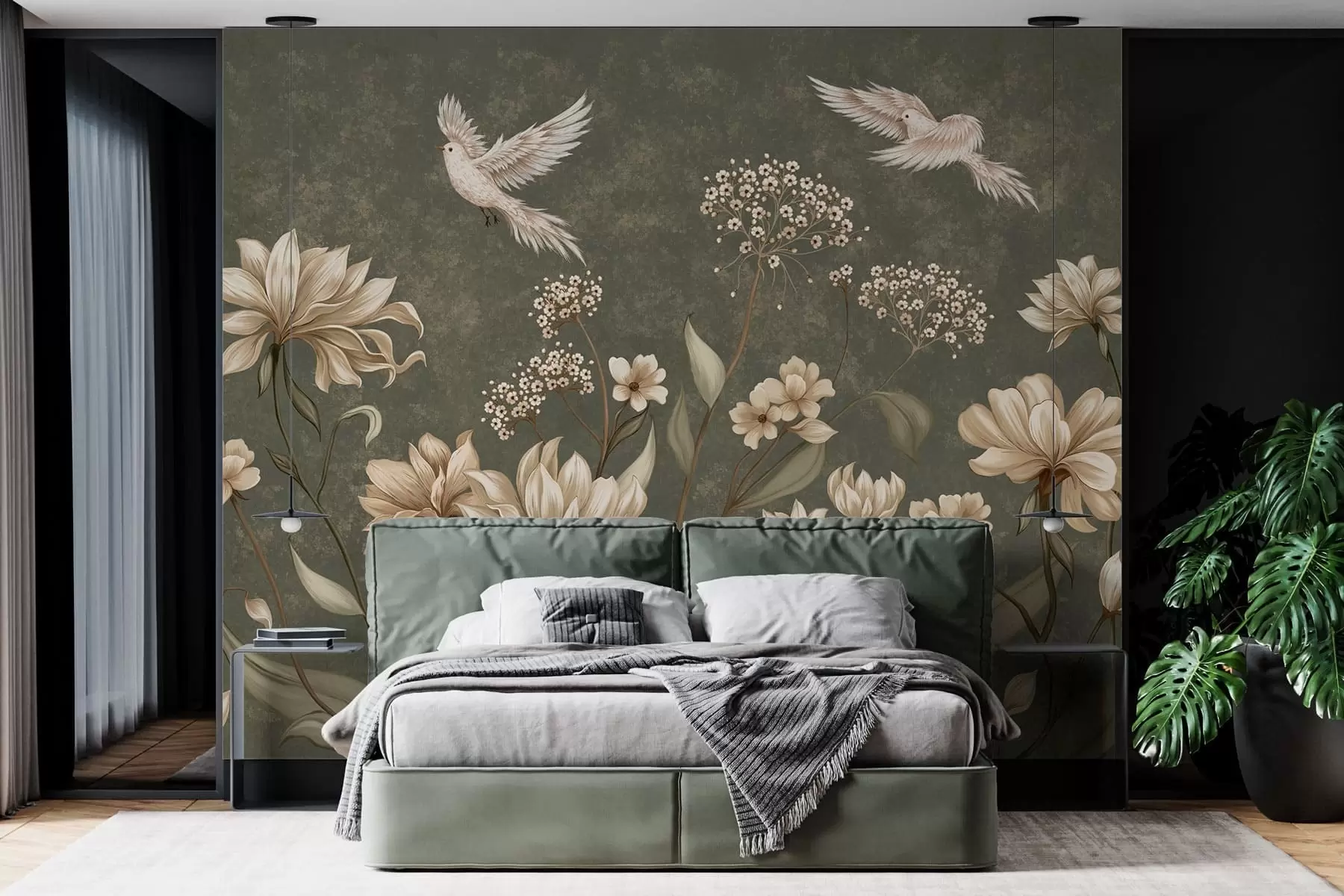 Wall Mural Photo Wallpaper Flowers and birds on dark green background w05118v3