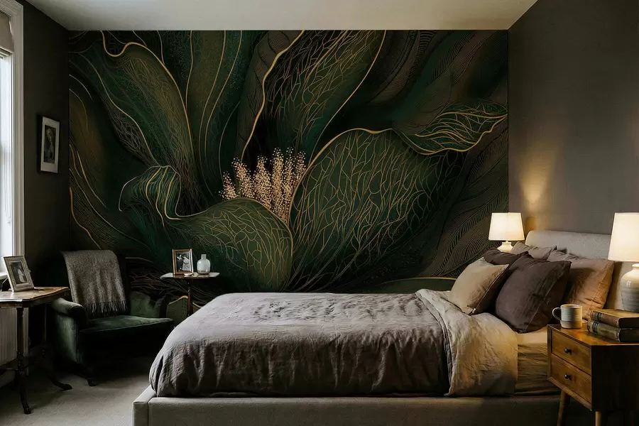 murales Flor abstracta de color verde oscuro con detalles de líneas finas w05119v1