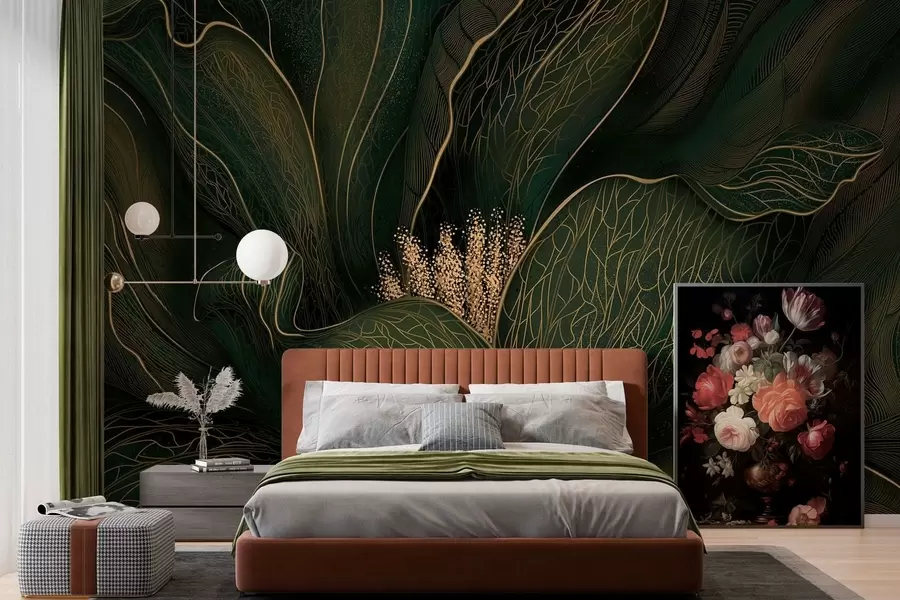 murales Flor abstracta de color verde oscuro con detalles de líneas finas w05119v1