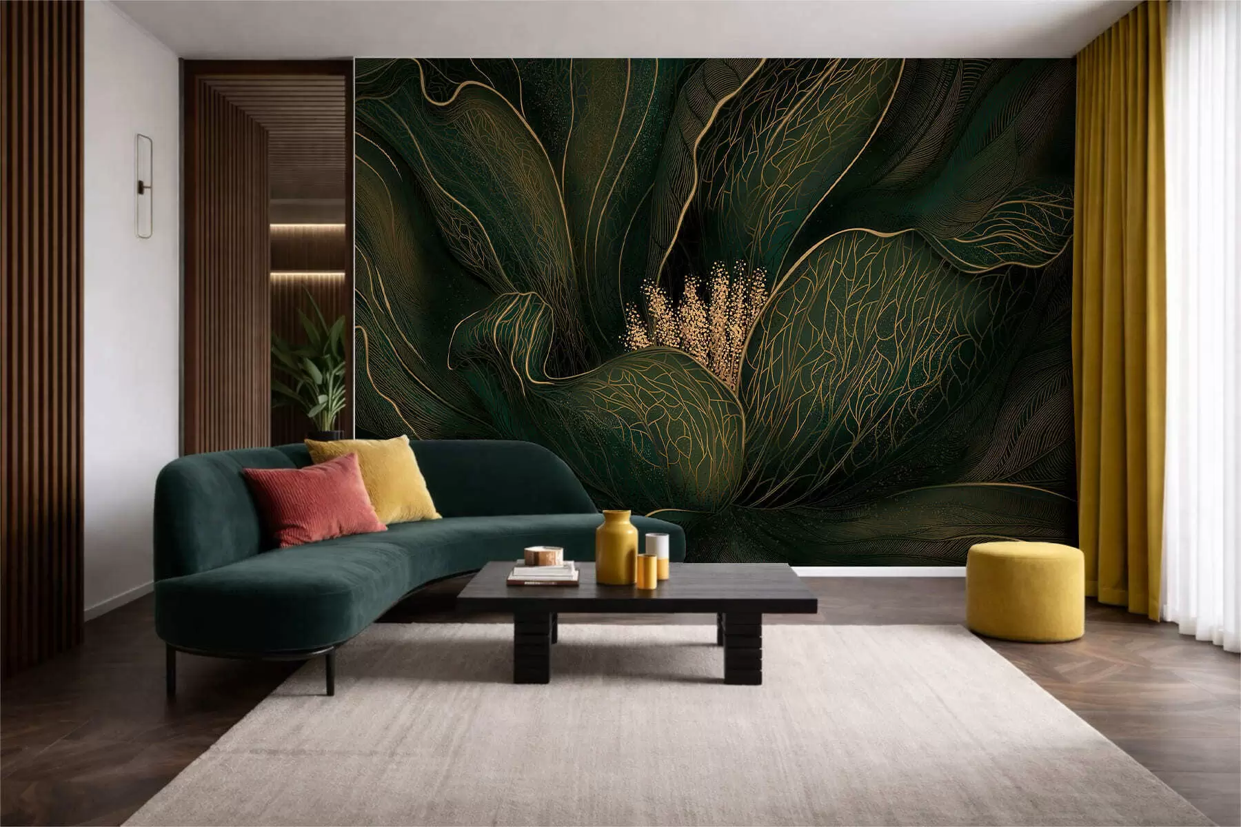 Wall Mural Photo Wallpaper Dark green abstract flower with fine line details w05119v1