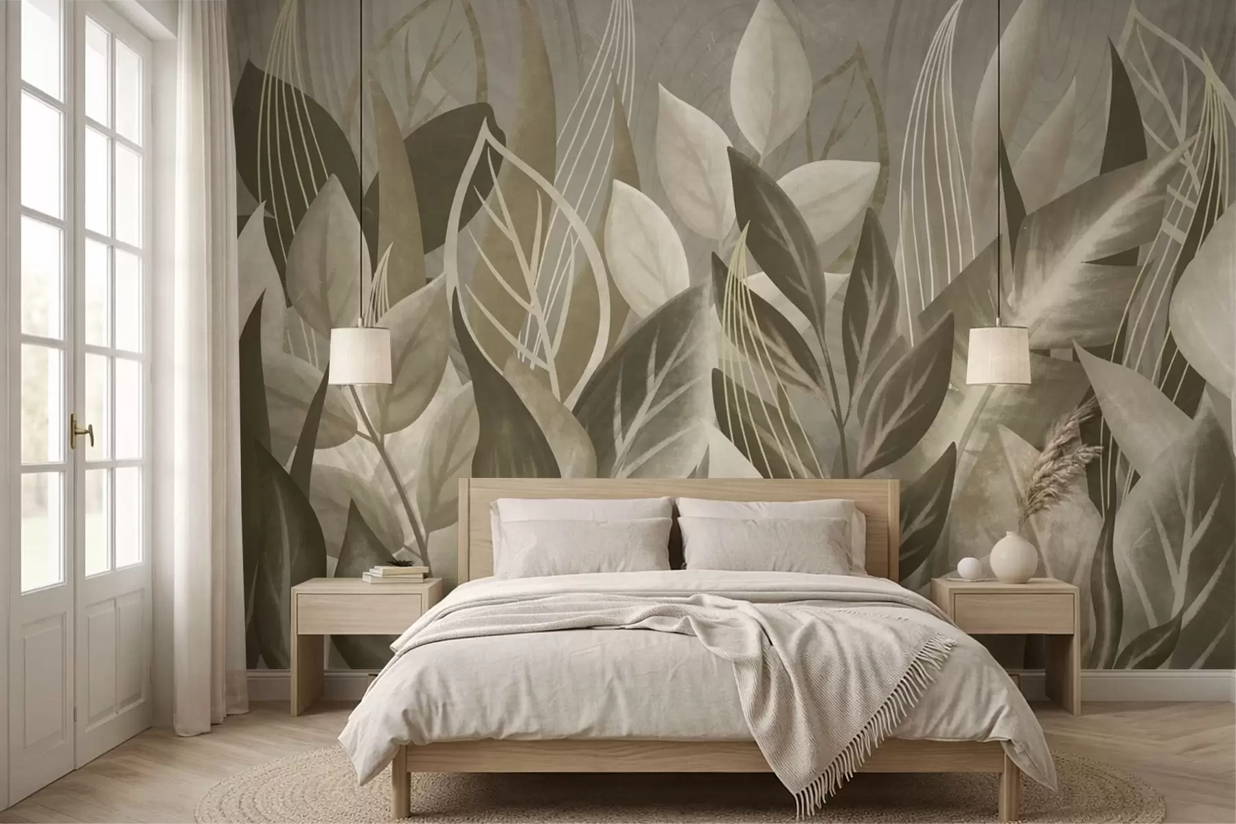 wall murals Abstract leaves in beige and green tones w05148