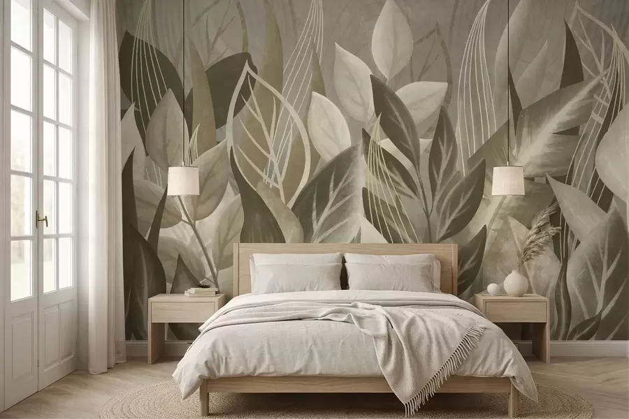 Wall Mural Photo Wallpaper Abstract leaves in beige and green tones w05148