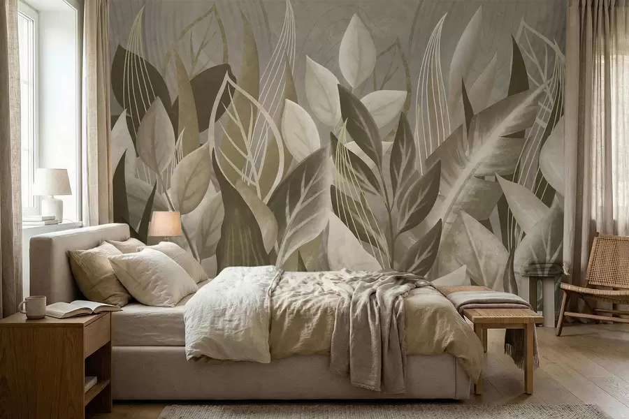 Wall Mural Photo Wallpaper Abstract leaves in beige and green tones w05148