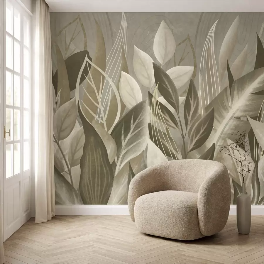 Wall Mural Photo Wallpaper Abstract leaves in beige and green tones w05148