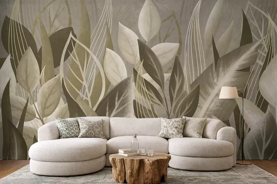 murais de parede Folhas abstratas em tons de bege e verde w05148